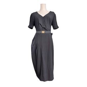 NUE BY SHANI Knit sleeve belted asymmetric Midi in Black Size 12